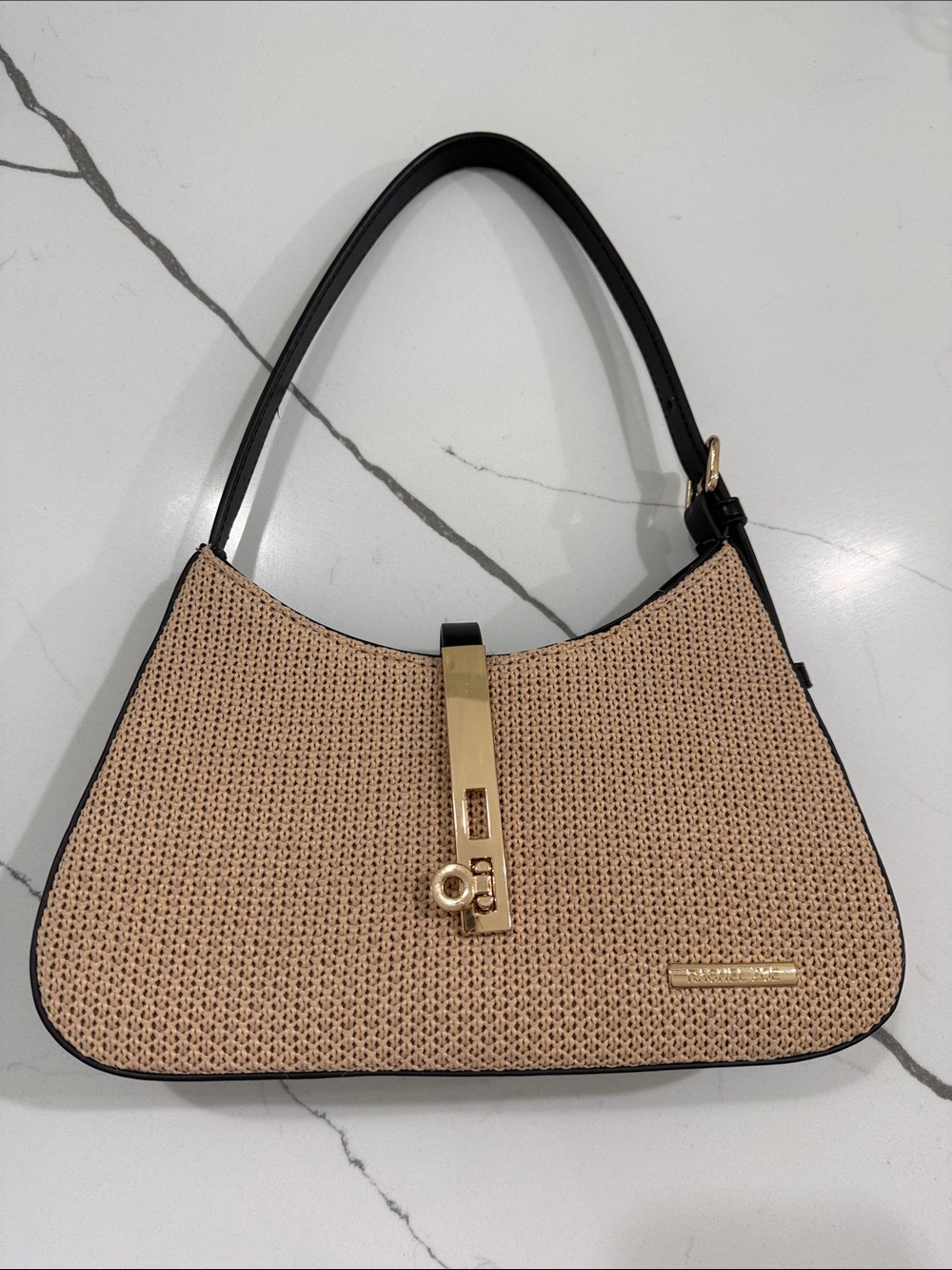 Woven Straw Shoulder Bag with Gold Hardware - Beige